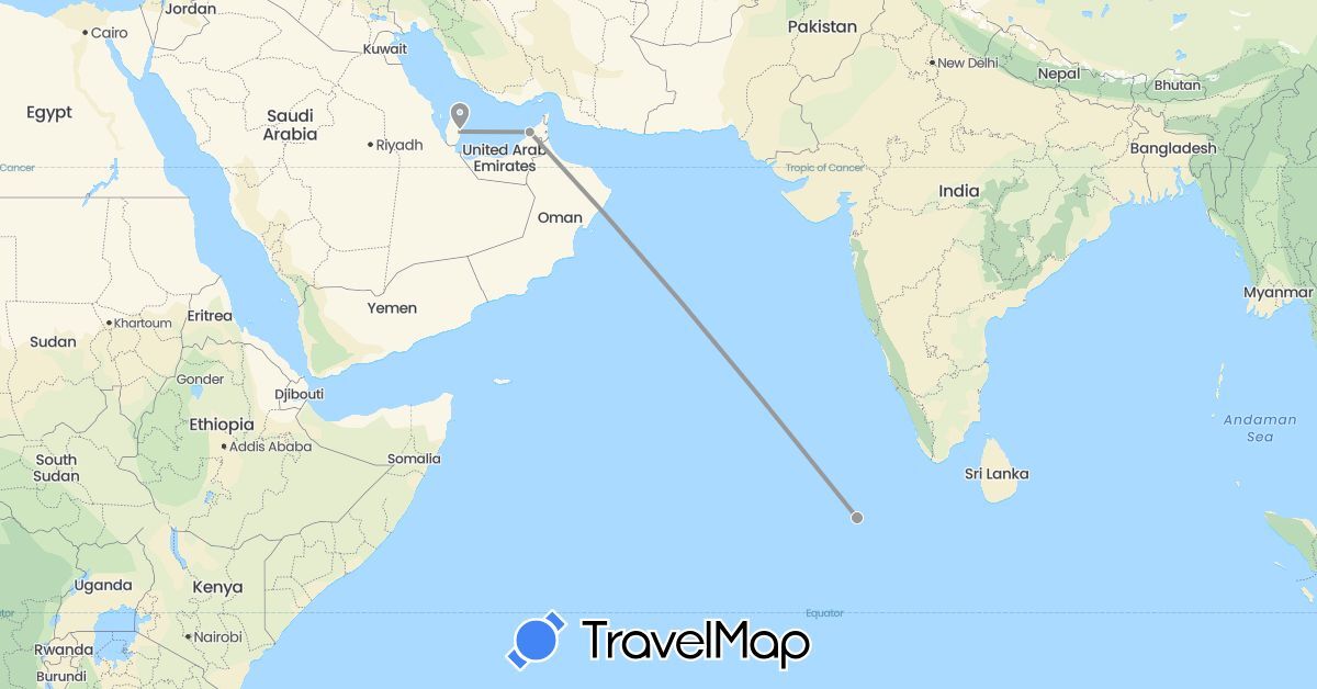 TravelMap itinerary: plane in United Arab Emirates, Maldives, Qatar (Asia)